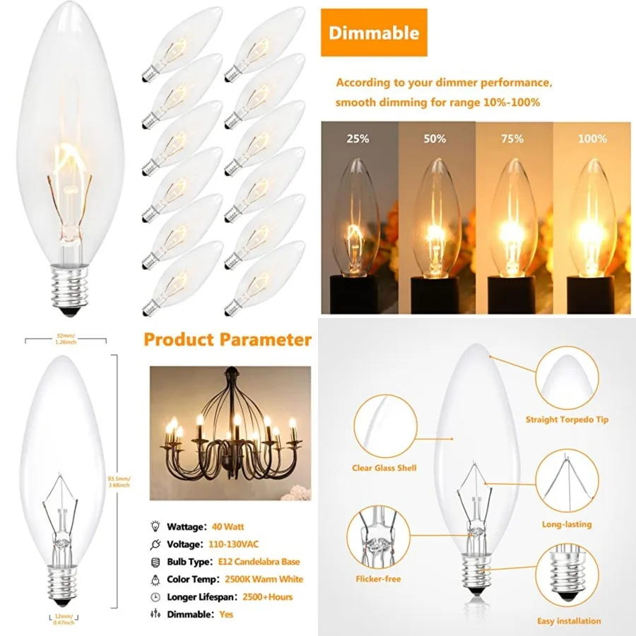 Vintage Incandescent Light Bulbs 40Watt B10 380 Lumens, Clear Dimmable E12 Edison Candelabra Lightbulbs, Decorative Candle Bulb
Vintage Incandescent Light Bulbs 40Watt B10 380 Lumens, Clear Dimmable E12 Edison Candelabra Lightbulbs, Decorative Candle Bulb
