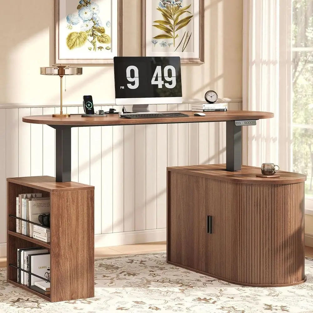60 Electric Adjustable Standing Desk with Storage Cabinet and Open Shelf, Walnut Finish
60 Electric Adjustable Standing Desk with Storage Cabinet and Open Shelf, Walnut Finish