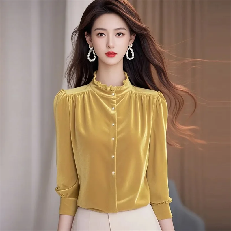 Черный бархатный топ с воротником-стойкой Design Sense, кружевной бархатный топ, женская футболка, весна-осень 2026, новый пуловер, желтая блузка
Черный бархатный топ с воротником-стойкой Design Sense, кружевной бархатный топ, женская футболка, весна-осень 2026, новый пуловер, желтая блузка