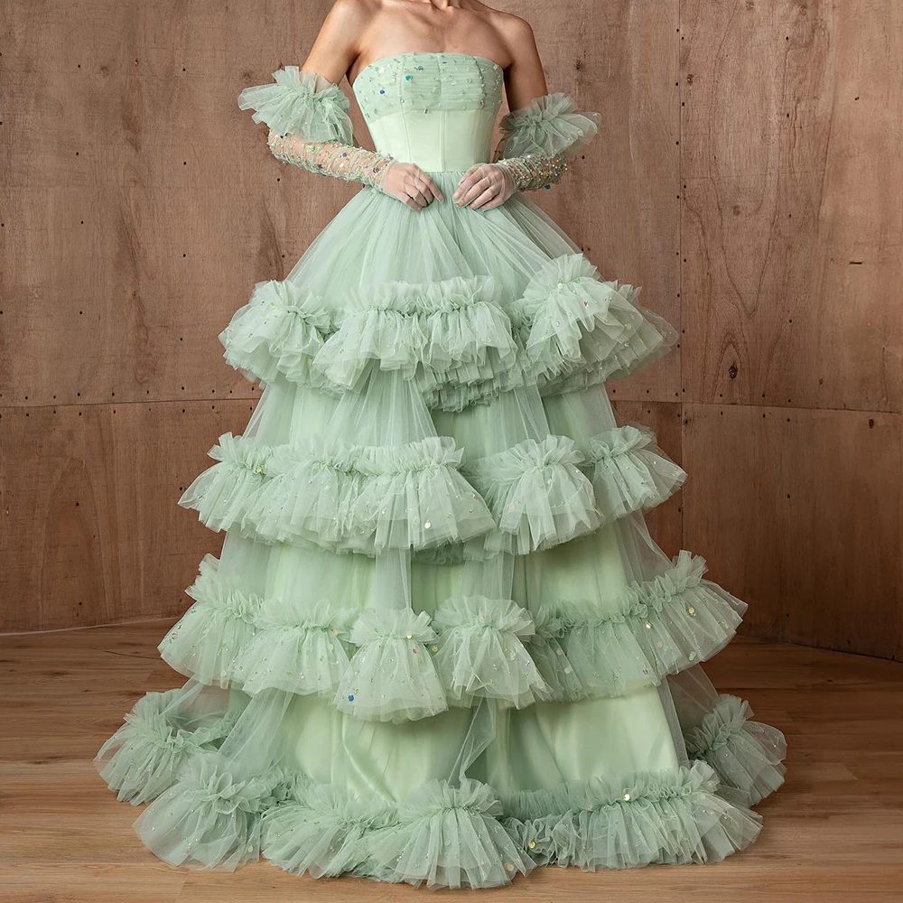 Customized Modern Tulle A-Line Detachable Sleeve Tiered and Sequined Evening Dress Strapless Panel Train Vestidos de fiesta
Customized Modern Tulle A-Line Detachable Sleeve Tiered and Sequined Evening Dress Strapless Panel Train Vestidos de fiesta