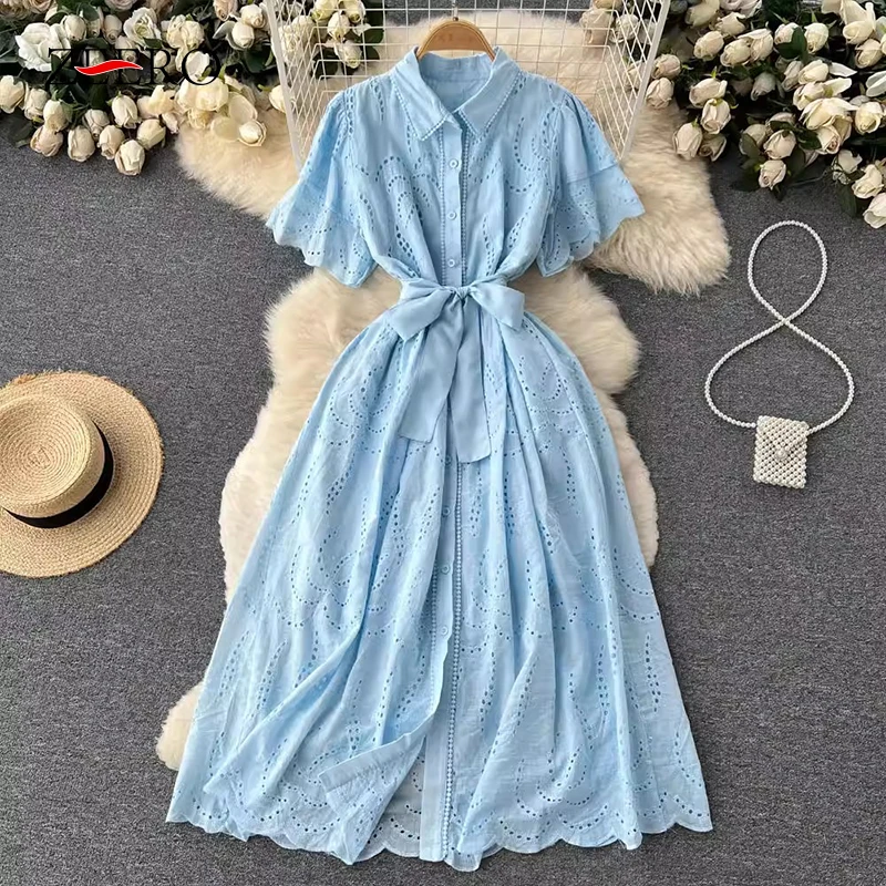 Women Summer Embroidery Hollow Out Lace Midi Long Shirt Dress Elegant Lady Slim Single-breasted Sashes Party Dresses Vestidos
Women Summer Embroidery Hollow Out Lace Midi Long Shirt Dress Elegant Lady Slim Single-breasted Sashes Party Dresses Vestidos