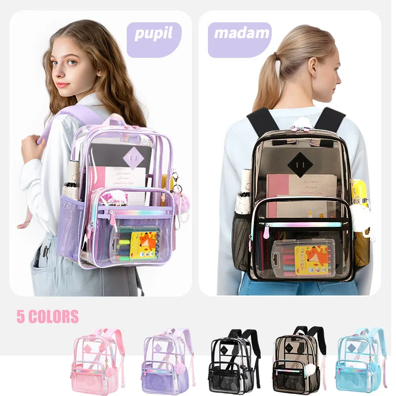 Summer Waterproof Transparent PVC laser backpack Large capacity Schoolbag Solid Fashion Travel bag for Boys Girls
Summer Waterproof Transparent PVC laser backpack Large capacity Schoolbag Solid Fashion Travel bag for Boys Girls