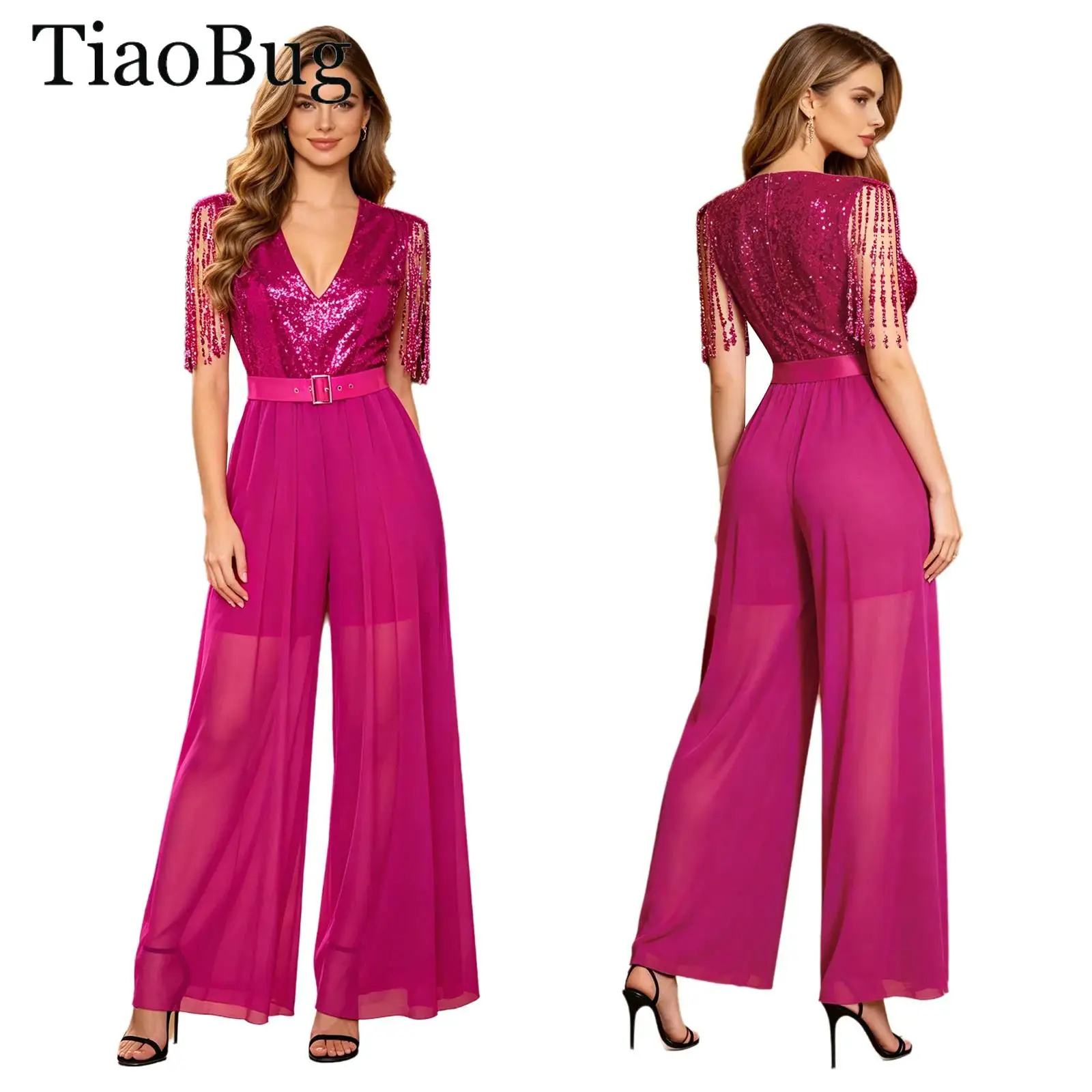 Women Glitter Party Rompers Sleeveless Sequined Tassel Wide-leg Bottoms Jumpsuit with Waist Belt Lady Disco Dance Proms Costume
Women Glitter Party Rompers Sleeveless Sequined Tassel Wide-leg Bottoms Jumpsuit with Waist Belt Lady Disco Dance Proms Costume