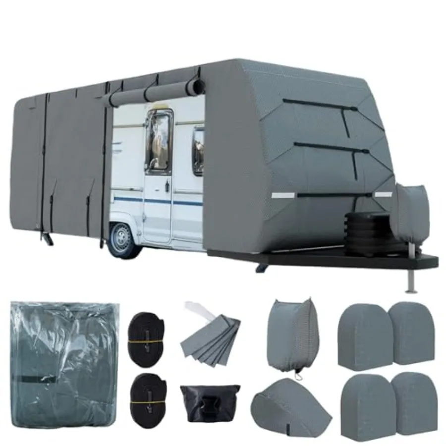 Travel Trailer RV Cover for 16-18FT campers, 7-layer heavy-duty polyethylene, gray, windproof with extra straps, tongue jack gu
Travel Trailer RV Cover for 16-18FT campers, 7-layer heavy-duty polyethylene, gray, windproof with extra straps, tongue jack gu