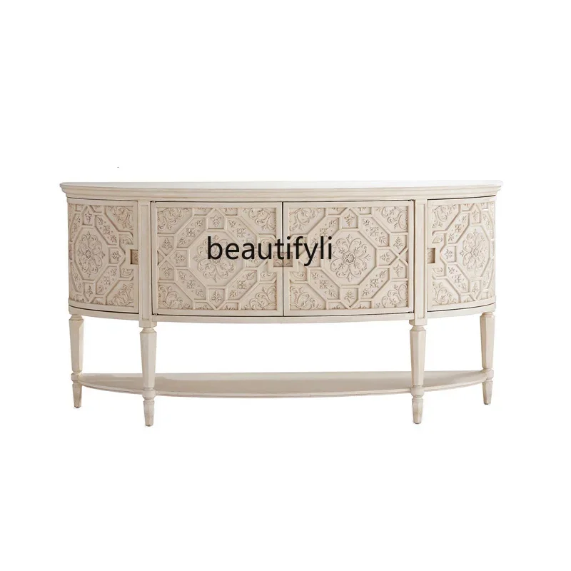 American foyer entrance cabinet solid wood carving flower semi-circular dining side cabinet against the wall wine cabinet
American foyer entrance cabinet solid wood carving flower semi-circular dining side cabinet against the wall wine cabinet