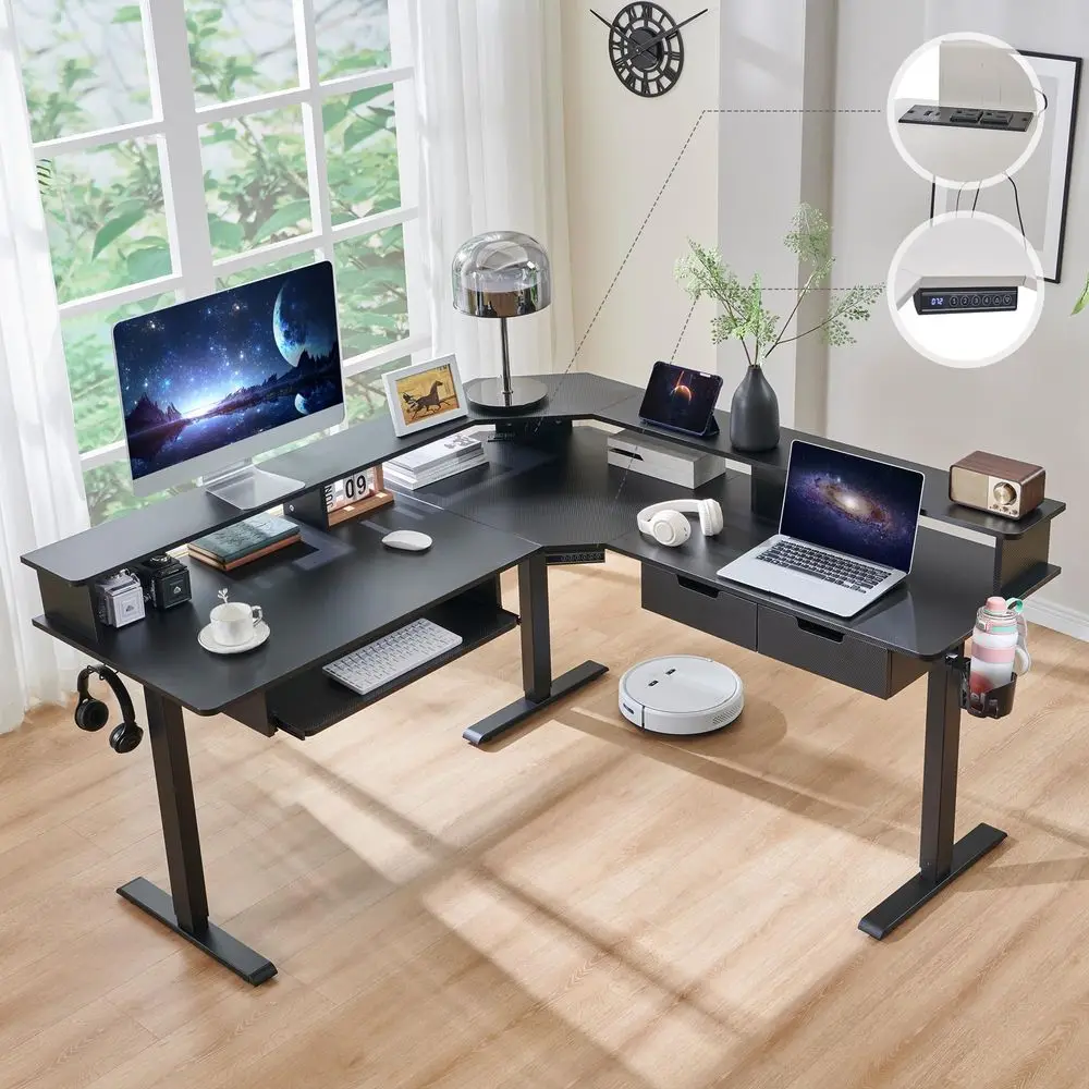 60 Inches L Shaped Electric Standing Desk, Height Adjustable Corner Gaming Desk with Drawers, Power Outlets amp LED Lights, Com
60 Inches L Shaped Electric Standing Desk, Height Adjustable Corner Gaming Desk with Drawers, Power Outlets amp LED Lights, Com