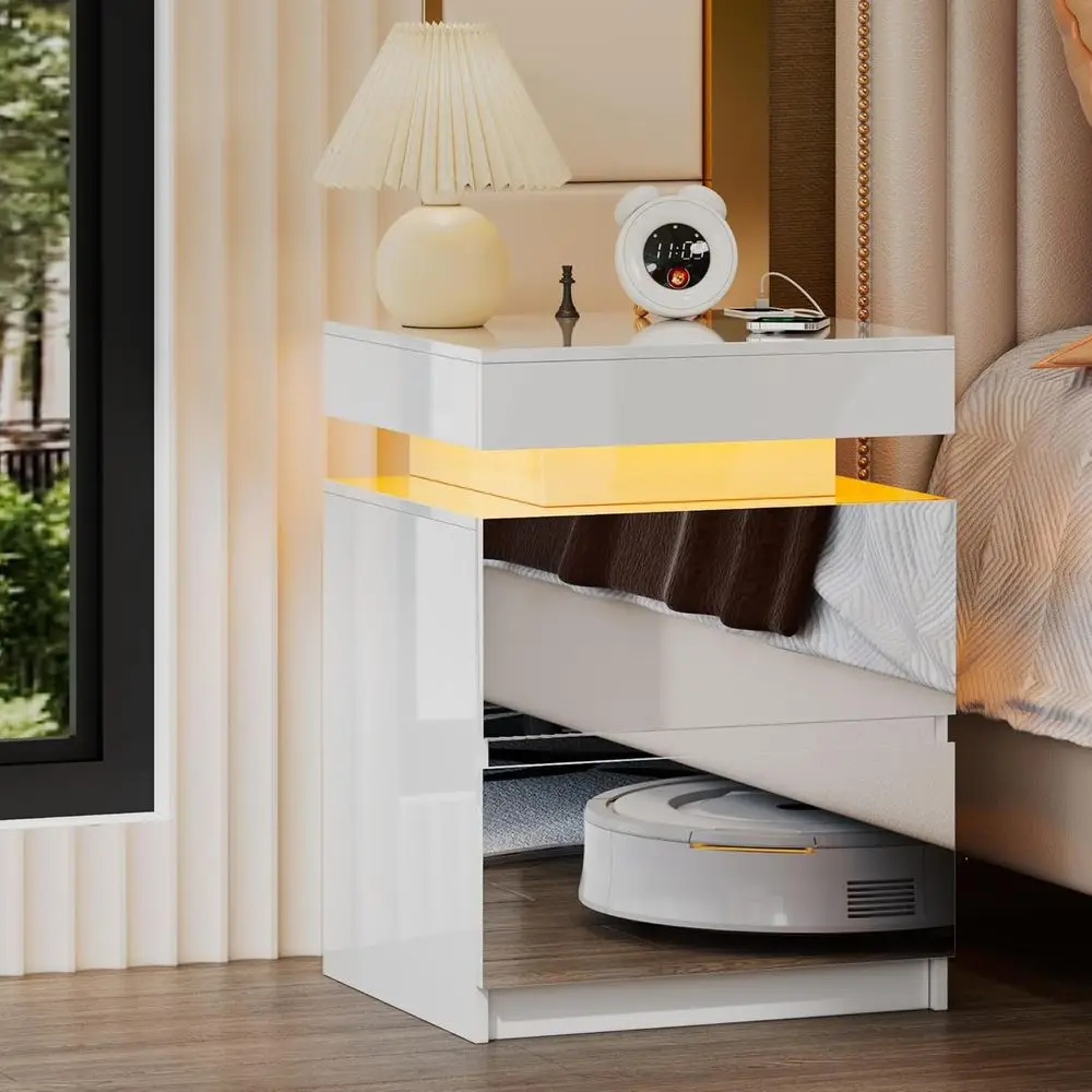 LED-Illuminated Nightstand with Charging Station, Sliding Mirrored Drawers, and Magnetic Lock - White
LED-Illuminated Nightstand with Charging Station, Sliding Mirrored Drawers, and Magnetic Lock - White