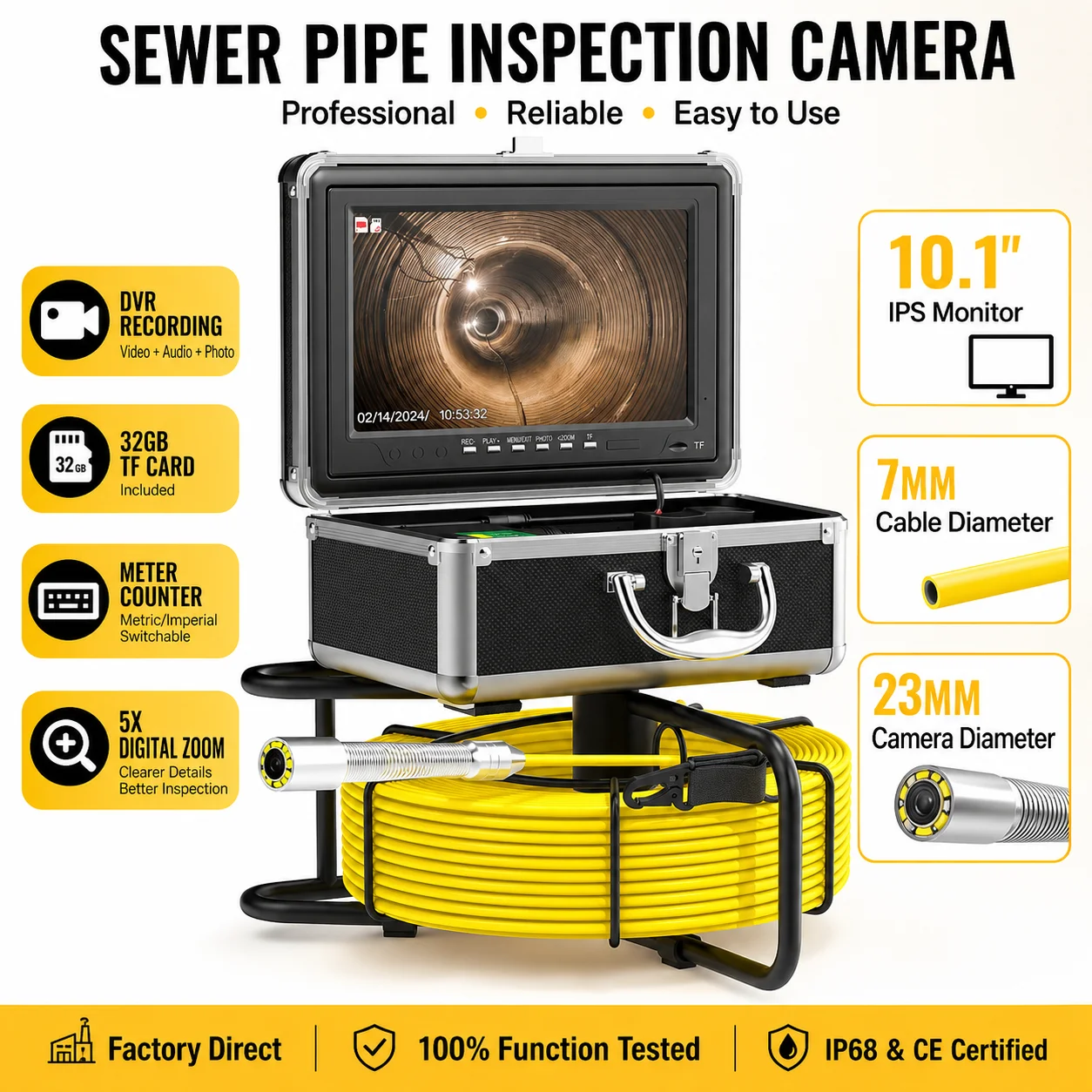 10.1 Inch IPS Sewer Pipe Inspection Camera 1080P AHD 7mm Cable DVR Meter Counter Video Audio 5X Zoom Drain Plumbing Borescope
10.1 Inch IPS Sewer Pipe Inspection Camera 1080P AHD 7mm Cable DVR Meter Counter Video Audio 5X Zoom Drain Plumbing Borescope