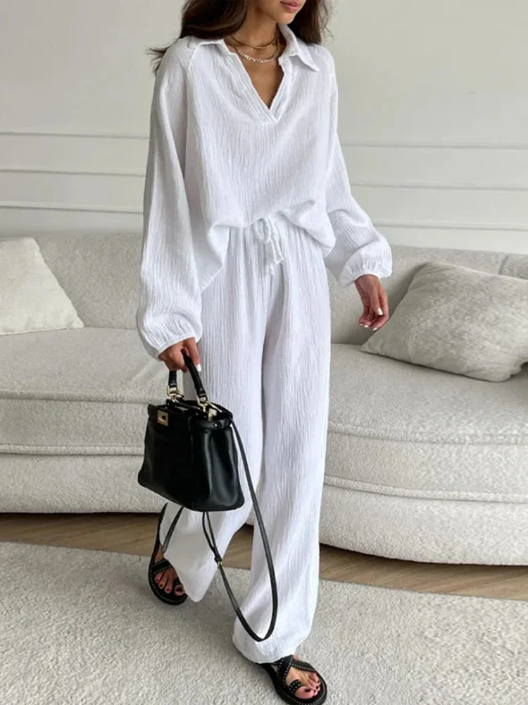 2024 Loose Casual Top Two Piece Set Women White Long Sleeve Tops Lace Up Pants Sets Female 2024 Sping Turndown Collar Lady Suit
2024 Loose Casual Top Two Piece Set Women White Long Sleeve Tops Lace Up Pants Sets Female 2024 Sping Turndown Collar Lady Suit
