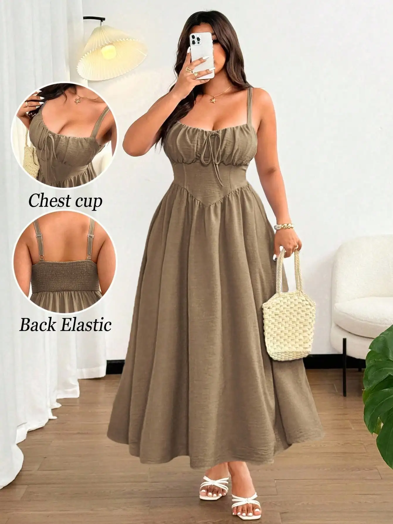 Olive Green Plus Size Maxi Dress With Built-In Chest Support, Elastic Back, Adjustable Front Tie And Flowy Hem For Elegant
Olive Green Plus Size Maxi Dress With Built-In Chest Support, Elastic Back, Adjustable Front Tie And Flowy Hem For Elegant