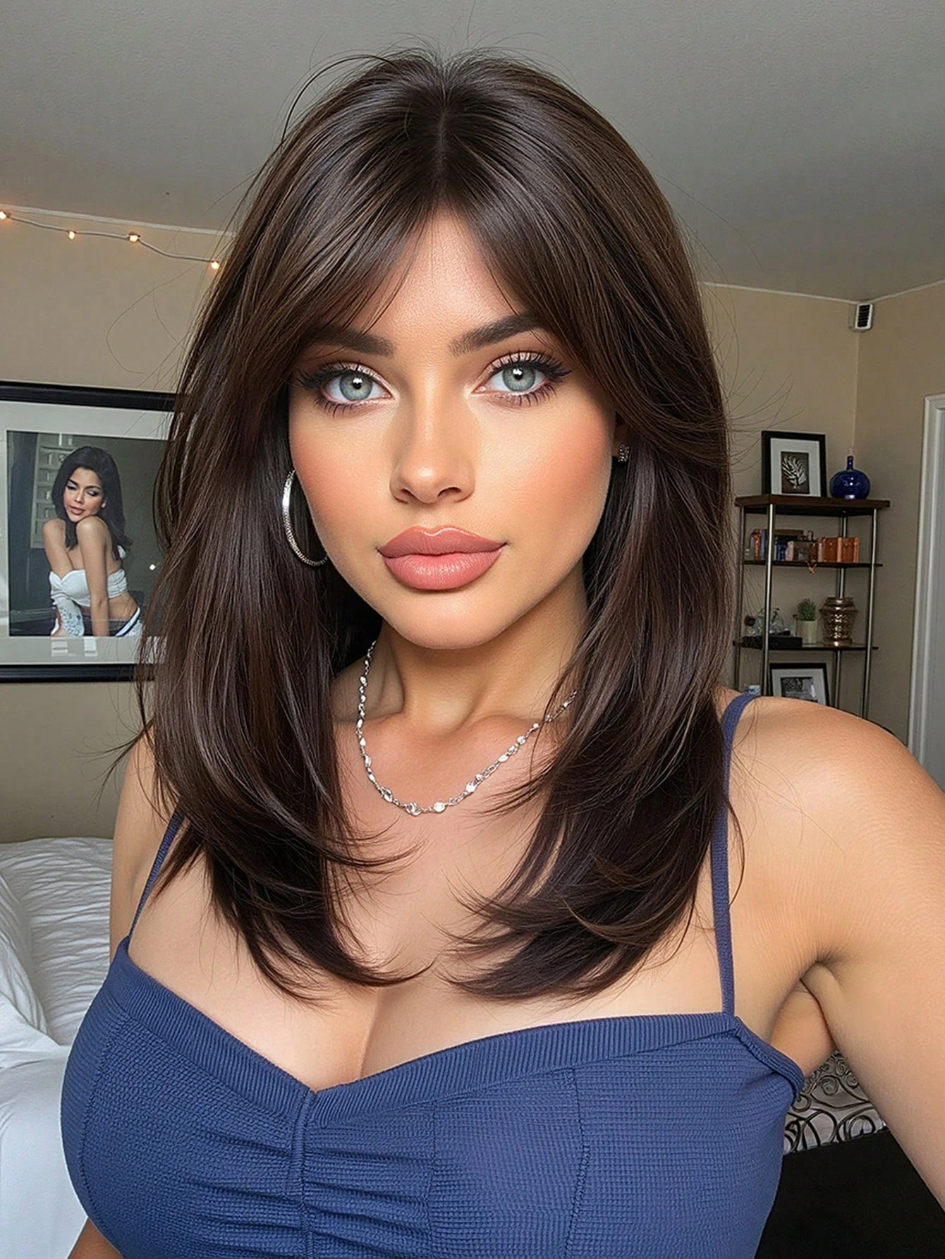 18-дюймовый длинный прямой темно-коричневый многослойный парик из синтетических волос с челкой для женщин для повседневного использования на вечеринке
18-дюймовый длинный прямой темно-коричневый многослойный парик из синтетических волос с челкой для женщин для повседневного использования на вечеринке