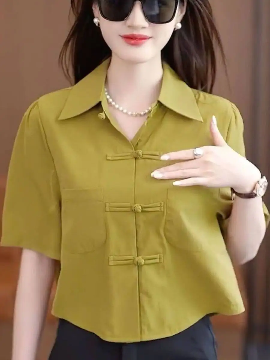 Retro Style Women's Short Shirt Summer 2026 New Pure Color Bubble Sleeve Button up Top Loose Fit Polyester Fiber Casual Shirt
Retro Style Women's Short Shirt Summer 2026 New Pure Color Bubble Sleeve Button up Top Loose Fit Polyester Fiber Casual Shirt