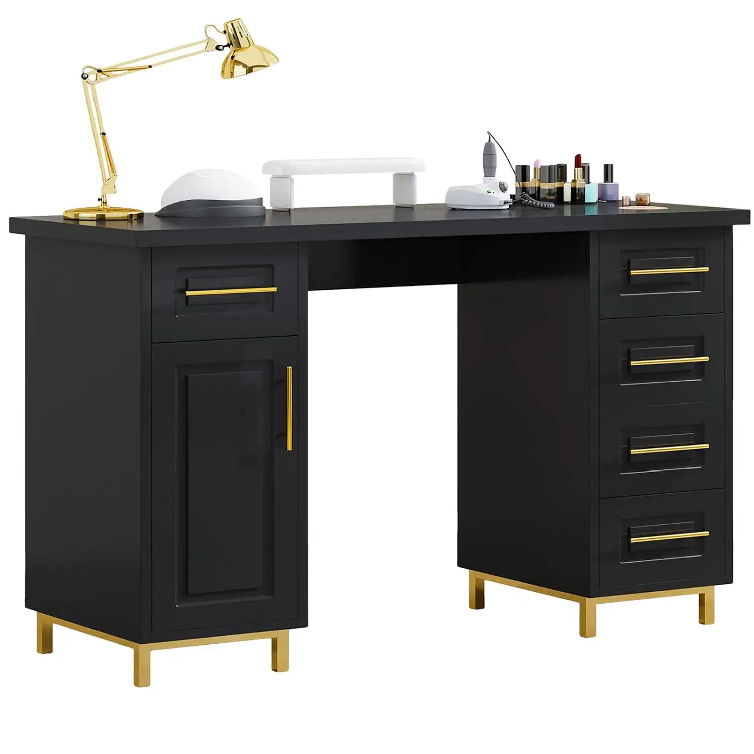Black and Gold Nail Tech Desk with Drawers, 43 Inch Manicure Table with Storage for Nail Tech, Nail Makeup Beauty, Customized
Black and Gold Nail Tech Desk with Drawers, 43 Inch Manicure Table with Storage for Nail Tech, Nail Makeup Beauty, Customized