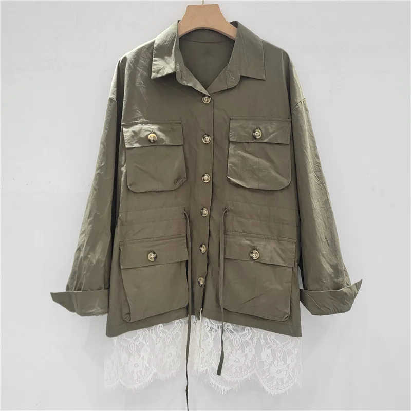 Autumn Women Mid-Length Army Green Windbreaker Drawstring Waist Multi-Pocket Lace Patchwork Lapel Long Sleeve Female Outerwear
Autumn Women Mid-Length Army Green Windbreaker Drawstring Waist Multi-Pocket Lace Patchwork Lapel Long Sleeve Female Outerwear