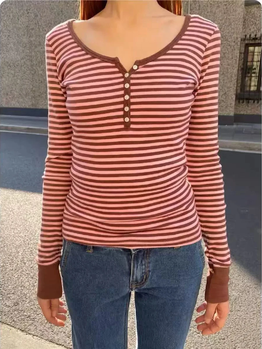 Pink Brown Striped Long Sleeve T-shirt Woman Spring Six Buttons O-Neck Cotton Slim Tee Sweet Preppy Style Fashion Tshirt Y2k Top
Pink Brown Striped Long Sleeve T-shirt Woman Spring Six Buttons O-Neck Cotton Slim Tee Sweet Preppy Style Fashion Tshirt Y2k Top