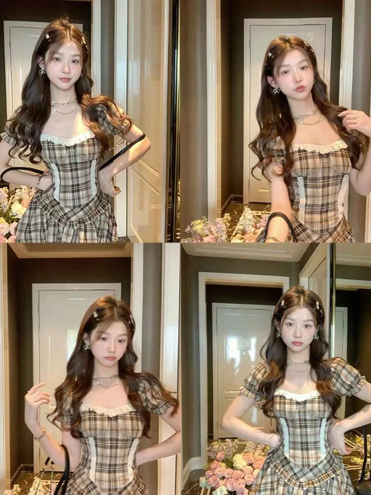 Retro College Style Plaid High Waist Slim Fit Top And Skirt Set Women's Fashion Summer Outfit Square Collar Gathered Waist
Retro College Style Plaid High Waist Slim Fit Top And Skirt Set Women's Fashion Summer Outfit Square Collar Gathered Waist