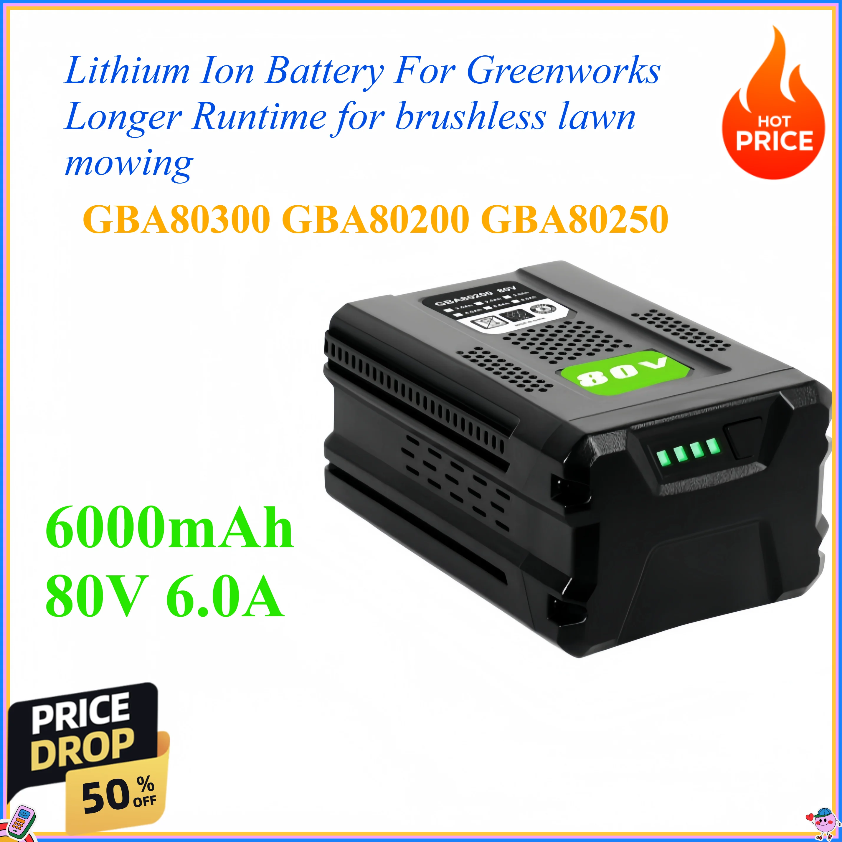 6000mAh 80V 6.0A Lithium Ion Battery For Greenworks Longer Runtime for brushless lawn mowing GBA80300 GBA80200 GBA80250
6000mAh 80V 6.0A Lithium Ion Battery For Greenworks Longer Runtime for brushless lawn mowing GBA80300 GBA80200 GBA80250