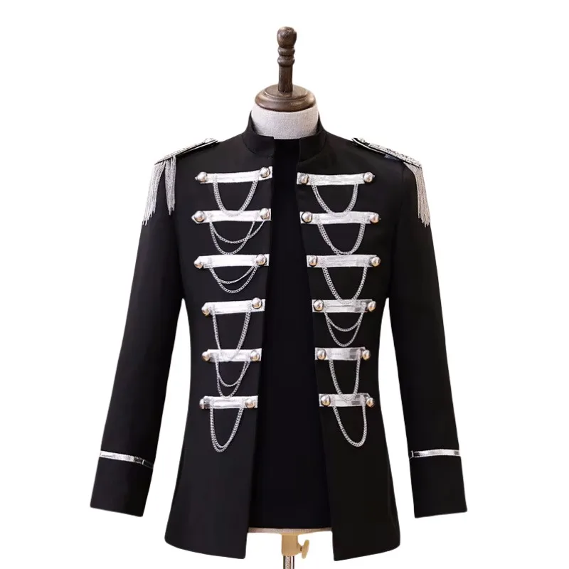 Men's Court Blazer Jacket Stand Collar Metal Chains Epaulet Performance Tuxedo Blazers Nightclub Party Stage Costume Black
Men's Court Blazer Jacket Stand Collar Metal Chains Epaulet Performance Tuxedo Blazers Nightclub Party Stage Costume Black