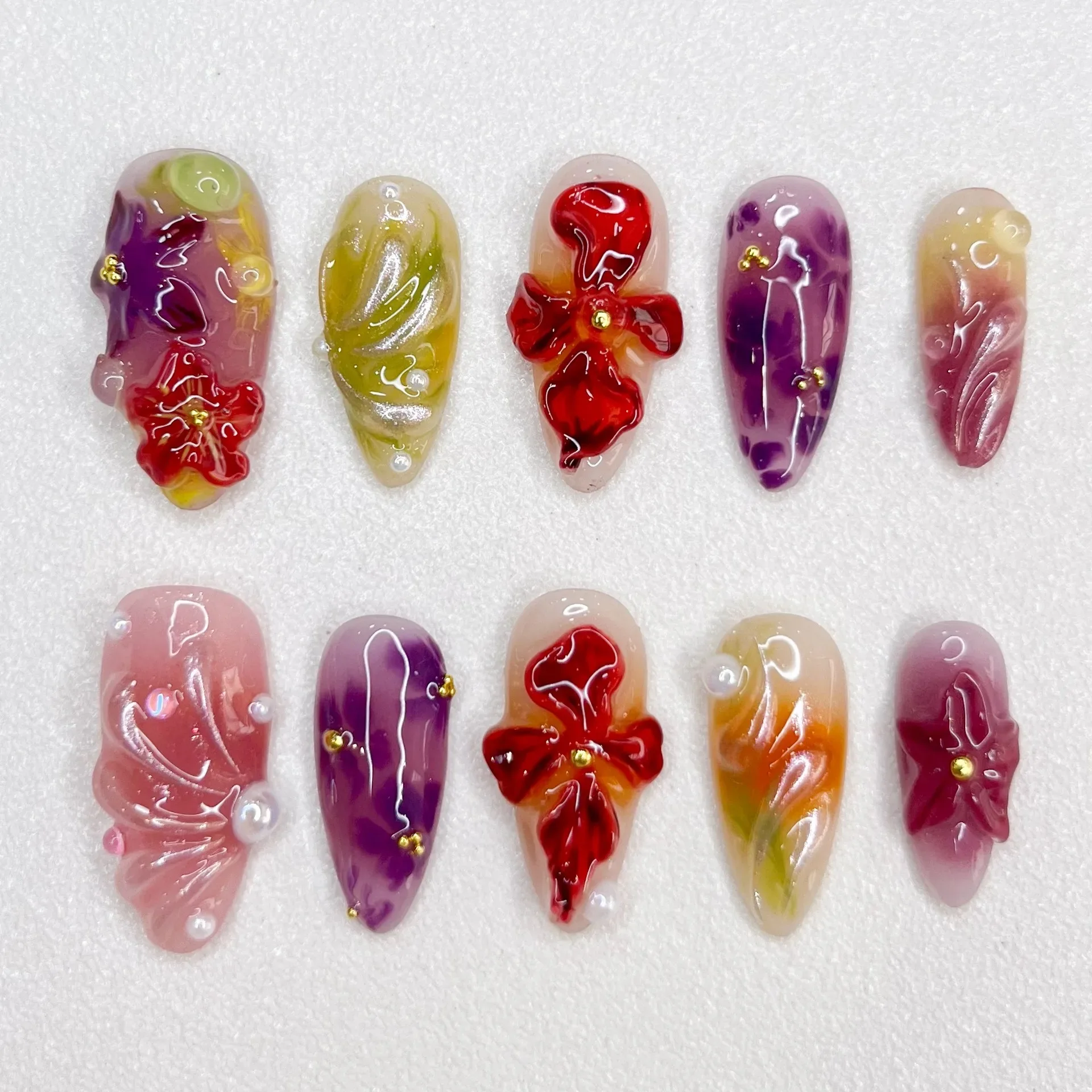 10 шт., Handamde Press On Nails, 3D красочные цветочные конструкции, накладные ногти, цветы, средний миндаль, носимые накладные ногти на лето и весну
10 шт., Handamde Press On Nails, 3D красочные цветочные конструкции, накладные ногти, цветы, средний миндаль, носимые накладные ногти на лето и весну