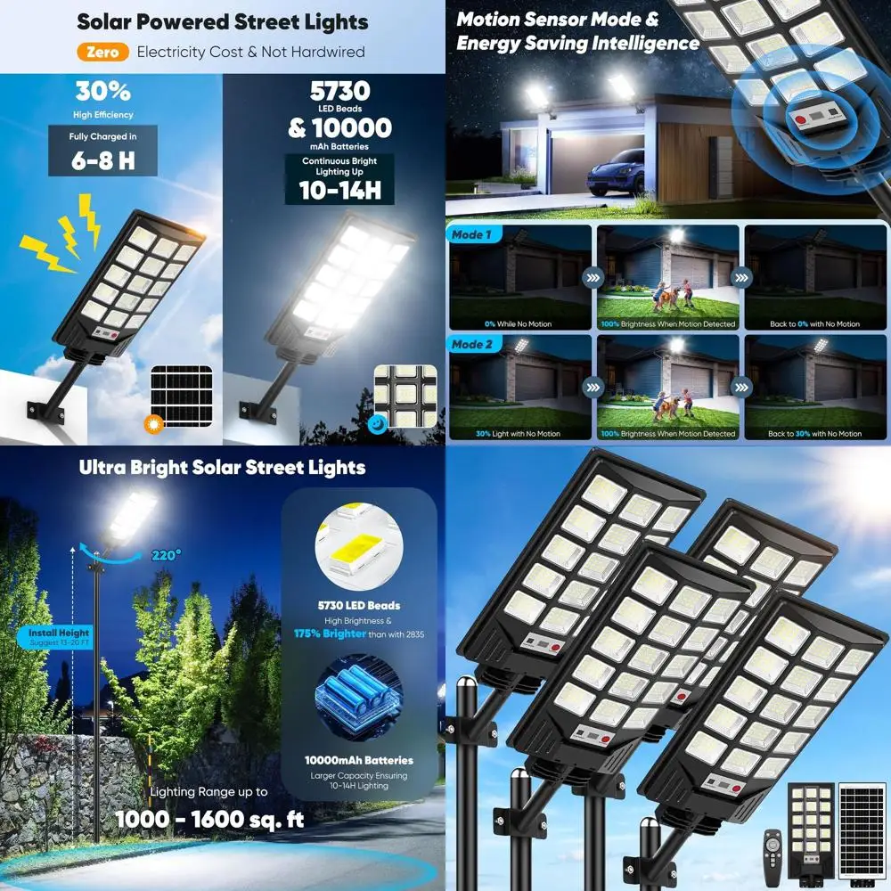 4-Pack Solar-Powered LED Motion Sensor Lights, 30000LM 6500K Waterproof Outdoor Flood Lights for Parking Lot and Yard Illuminati
4-Pack Solar-Powered LED Motion Sensor Lights, 30000LM 6500K Waterproof Outdoor Flood Lights for Parking Lot and Yard Illuminati