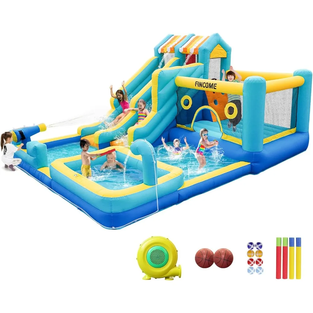Inflatable Bounce House, 10 in 1 Double Water Slide Bounce House with 750W Blower, Climbing Wall, Jumping, Water Gun
Inflatable Bounce House, 10 in 1 Double Water Slide Bounce House with 750W Blower, Climbing Wall, Jumping, Water Gun