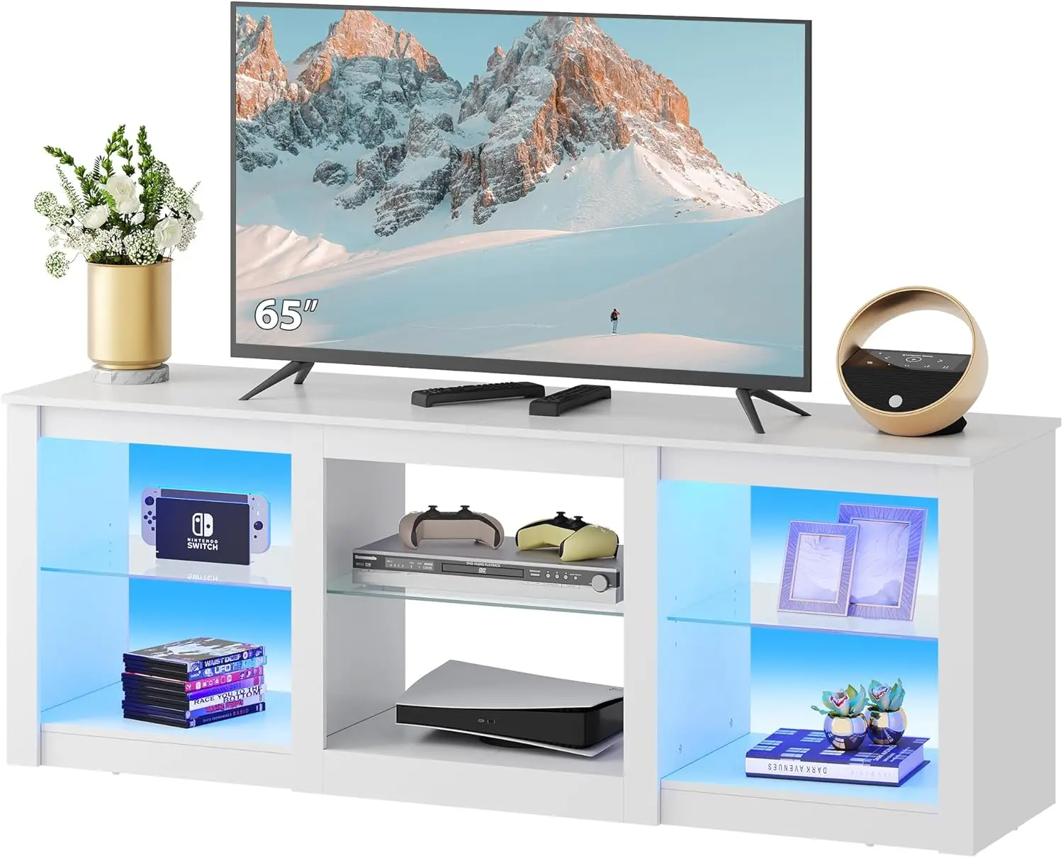 LED TV Stand for 65-Inch TV, 58-Inch Entertainment Center with Adjustable Glass Shelves, Modern Media Console for Living Room 
LED TV Stand for 65-Inch TV, 58-Inch Entertainment Center with Adjustable Glass Shelves, Modern Media Console for Living Room
