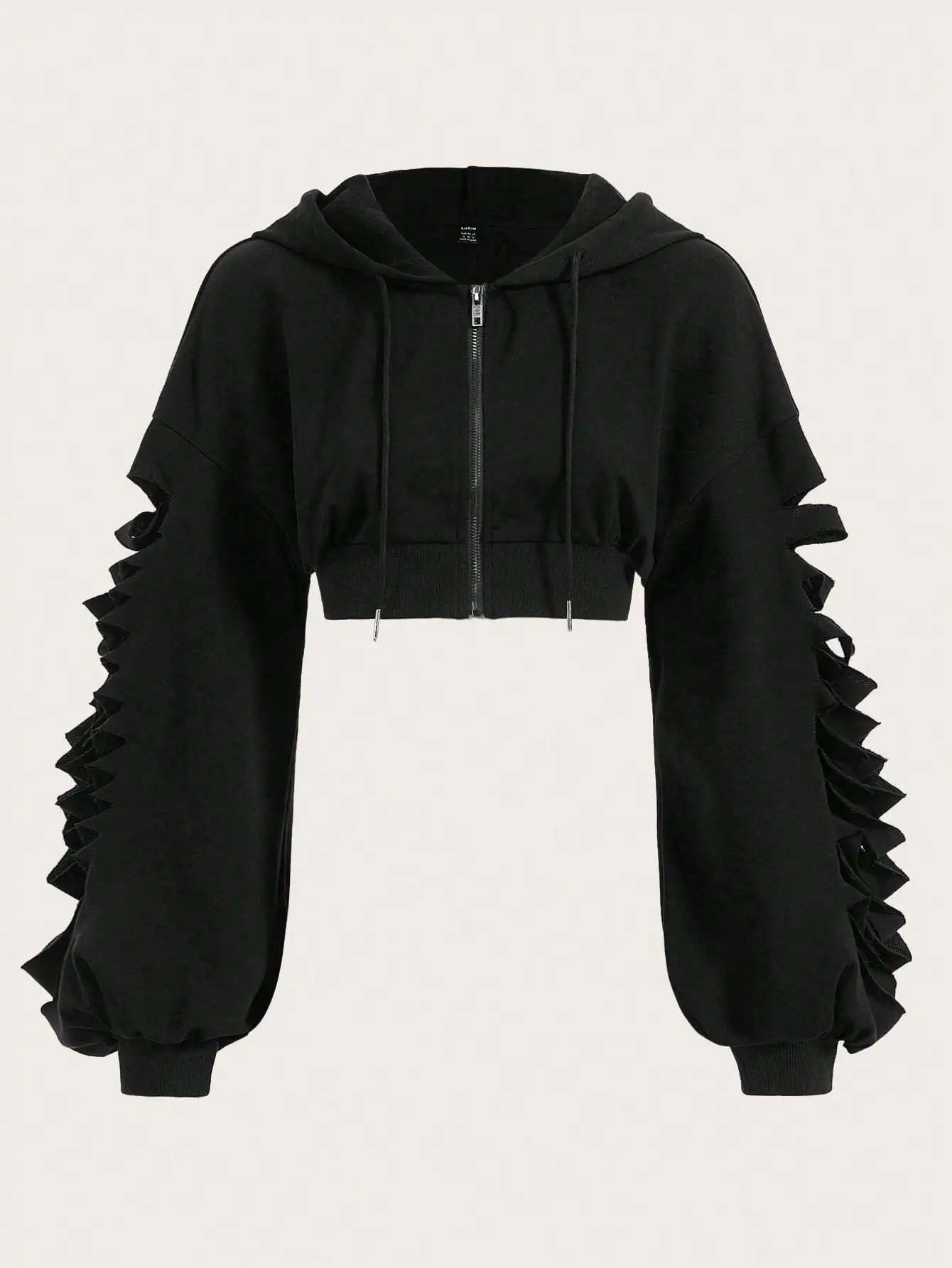 Black Cropped Zip-Up Hoodie with Ruffled Sleeve Cutouts
Black Cropped Zip-Up Hoodie with Ruffled Sleeve Cutouts