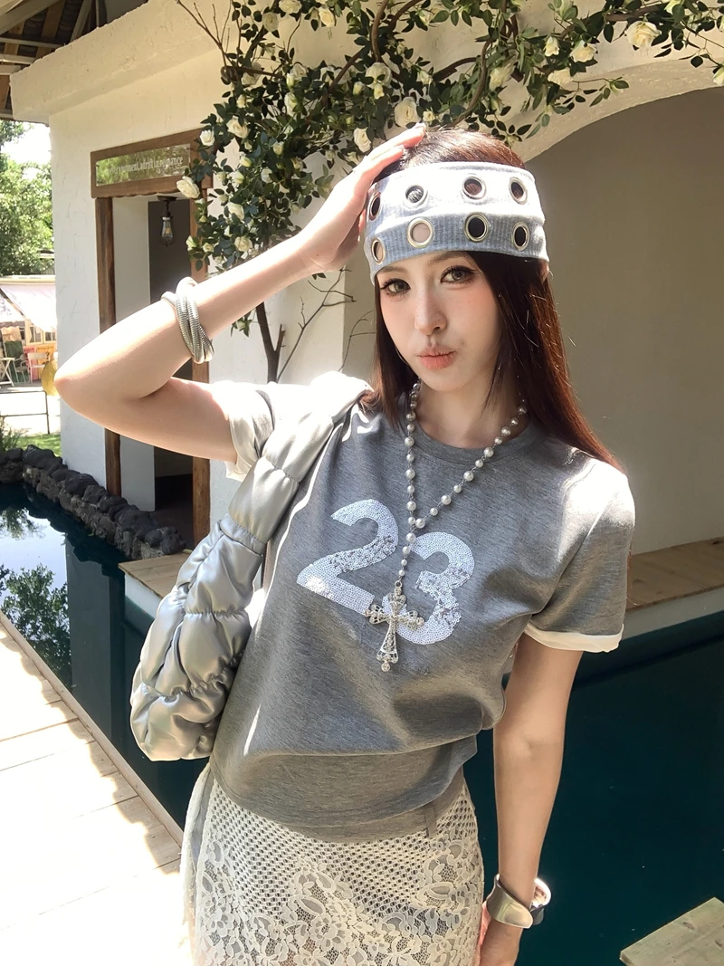 Kumikumi Vintage Letter Bead Short Sleeve T-Shirt Women's Loose Fit round Neck Pullover Summer Slimming Top
Kumikumi Vintage Letter Bead Short Sleeve T-Shirt Women's Loose Fit round Neck Pullover Summer Slimming Top