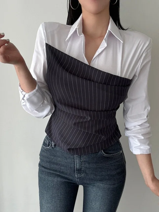 Korean Sle Striped irt with oulder Pads Women's Faion Design Sensation Early Autumn Ele Top High-End Feeling
Korean Sle Striped irt with oulder Pads Women's Faion Design Sensation Early Autumn Ele Top High-End Feeling