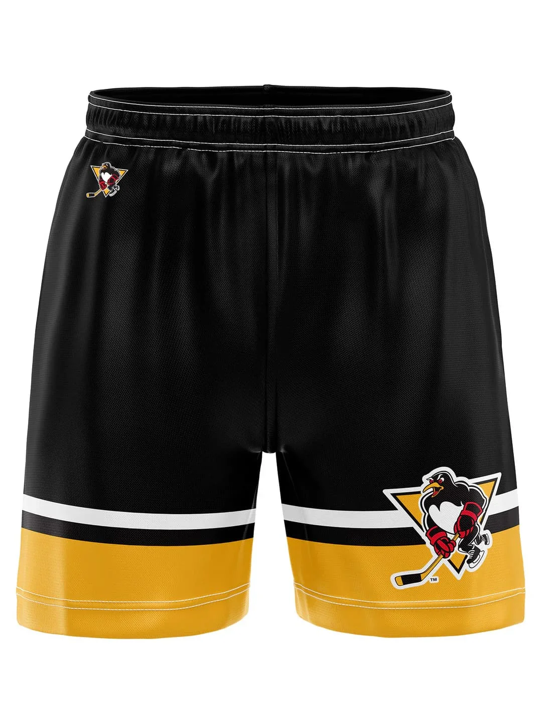 Retro Penguin Triangle Logo Ice Hockey Shorts Men Black Gold White Stripes Breathable Mesh Training Fan Summer Shorts
Retro Penguin Triangle Logo Ice Hockey Shorts Men Black Gold White Stripes Breathable Mesh Training Fan Summer Shorts