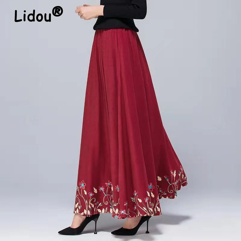 Women Vintage Ethnic Style Embroidery Cotton Linen Maxi Skirt Female Elegant High Waist Pleated Swing A Line Skirts Falda Largas
Women Vintage Ethnic Style Embroidery Cotton Linen Maxi Skirt Female Elegant High Waist Pleated Swing A Line Skirts Falda Largas
