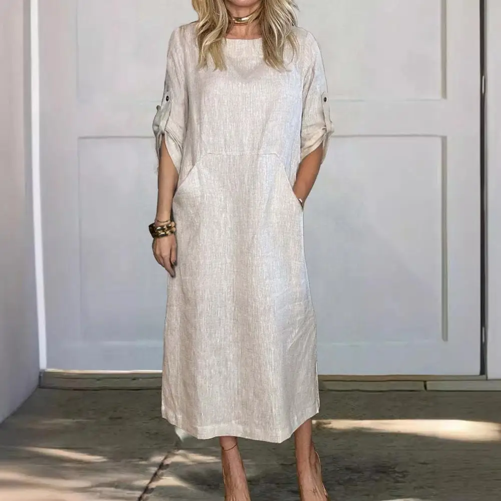 Fall Spring Women Dress Short Sleeve With Cufflink Round Neck Solid Color Loose Big Pocket Commute Daily Wear Midi Dress
Fall Spring Women Dress Short Sleeve With Cufflink Round Neck Solid Color Loose Big Pocket Commute Daily Wear Midi Dress