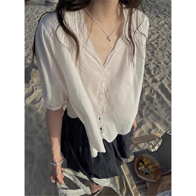 Women Summer Elegant Temperament V-neck Solid Color Short Sleeve Shirts Ladies Fashion Office Lady All-match Trend Vacation Tops
Women Summer Elegant Temperament V-neck Solid Color Short Sleeve Shirts Ladies Fashion Office Lady All-match Trend Vacation Tops