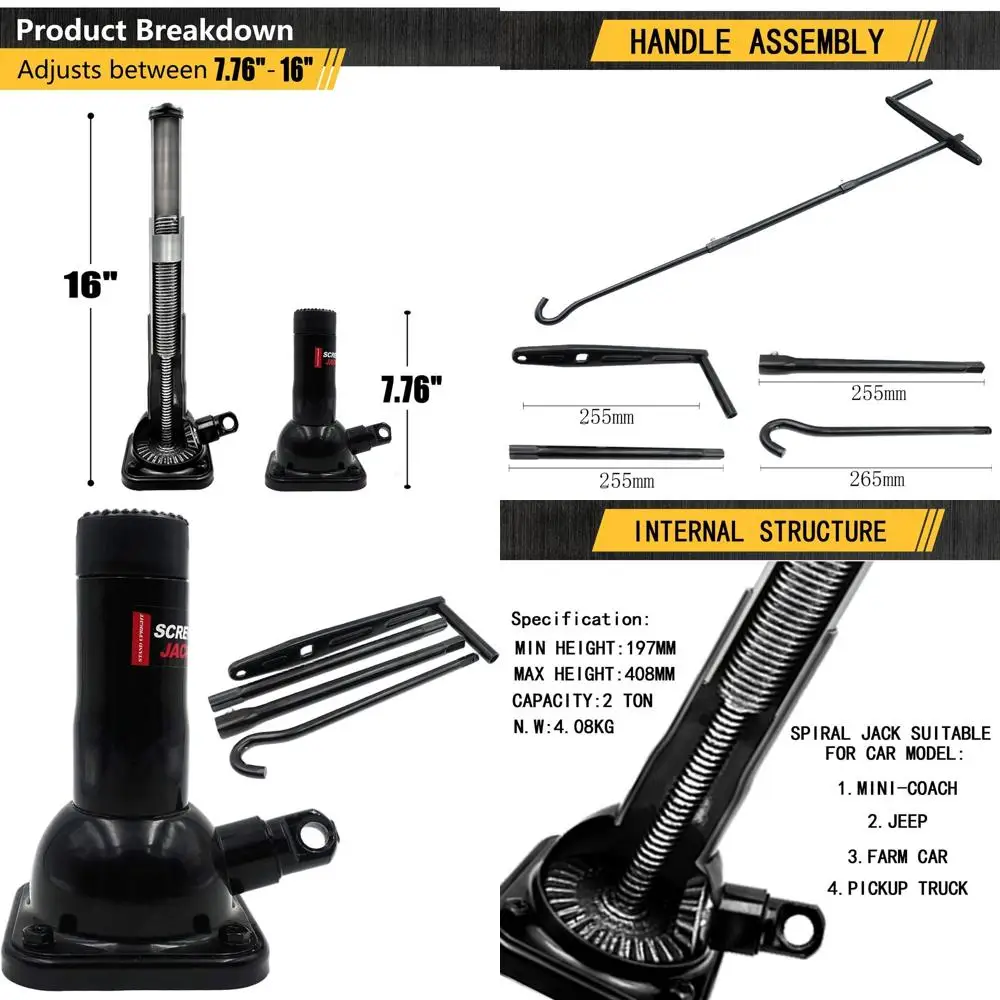 2 Ton Heavy Duty Car Jack, Spiral or Truck Screw Jacks, Car Lift or Stands, Tire Jack for 4,000 lb Vehicles
2 Ton Heavy Duty Car Jack, Spiral or Truck Screw Jacks, Car Lift or Stands, Tire Jack for 4,000 lb Vehicles