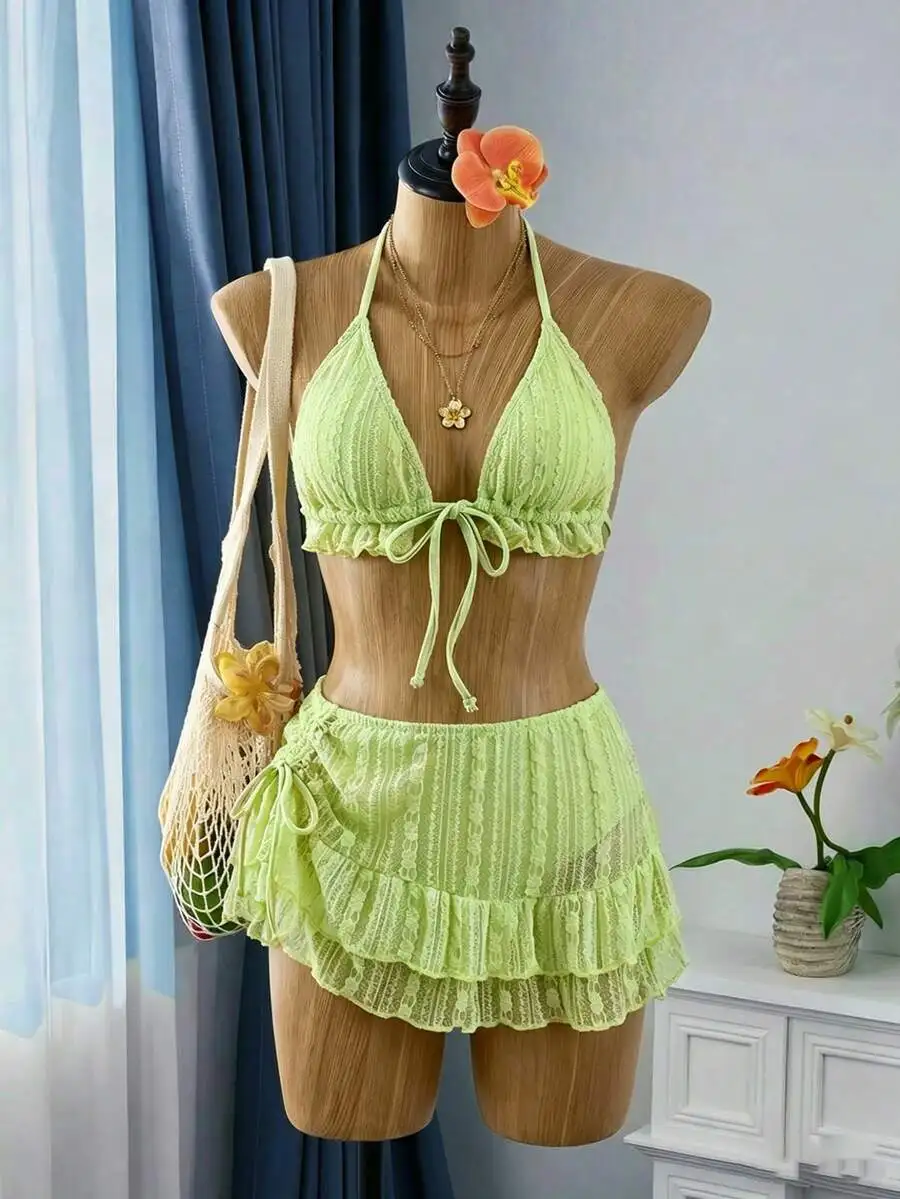 Womens Lime Green Lace Triangle Bikini Set With Ruffled Skirt Cover Up For Beach Summer
Womens Lime Green Lace Triangle Bikini Set With Ruffled Skirt Cover Up For Beach Summer
