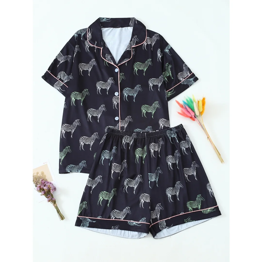 Animal Themed Pajamas Black with Zebra Print Lapel Short Sleeve Shorts Loungewear Pants Home Wear Set Easter Gifts for Women
Animal Themed Pajamas Black with Zebra Print Lapel Short Sleeve Shorts Loungewear Pants Home Wear Set Easter Gifts for Women