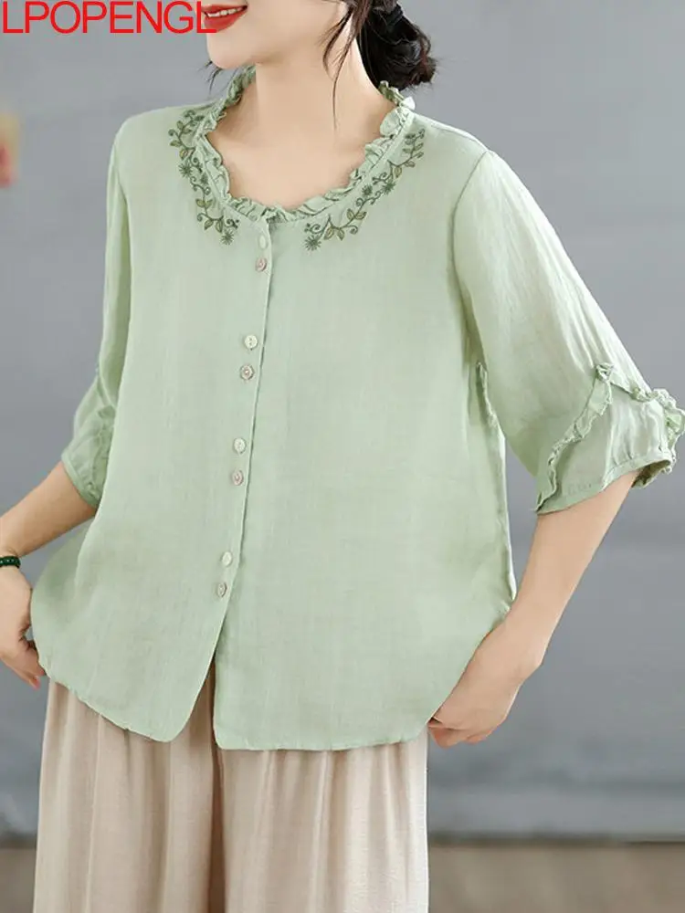 Woman Summer Casual O-neck Single Breasted Short Sleeved Solid Color Embroidery Vintage Distressed Patchwork Ruffle Edg Shirt
Woman Summer Casual O-neck Single Breasted Short Sleeved Solid Color Embroidery Vintage Distressed Patchwork Ruffle Edg Shirt