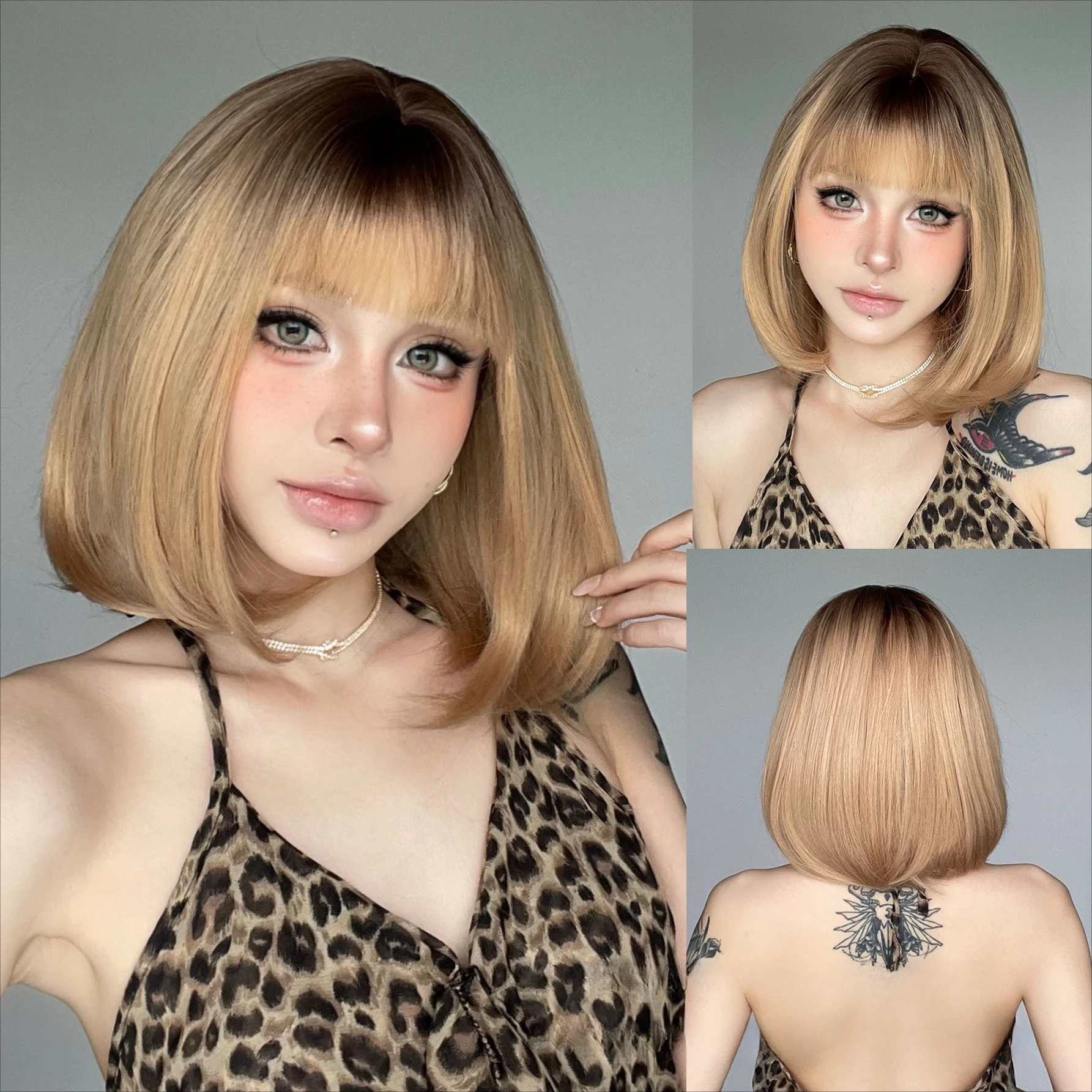 Synthetic wigs: straight bob with blunt bangs, brown ombre on top, natural daily style
Synthetic wigs: straight bob with blunt bangs, brown ombre on top, natural daily style
