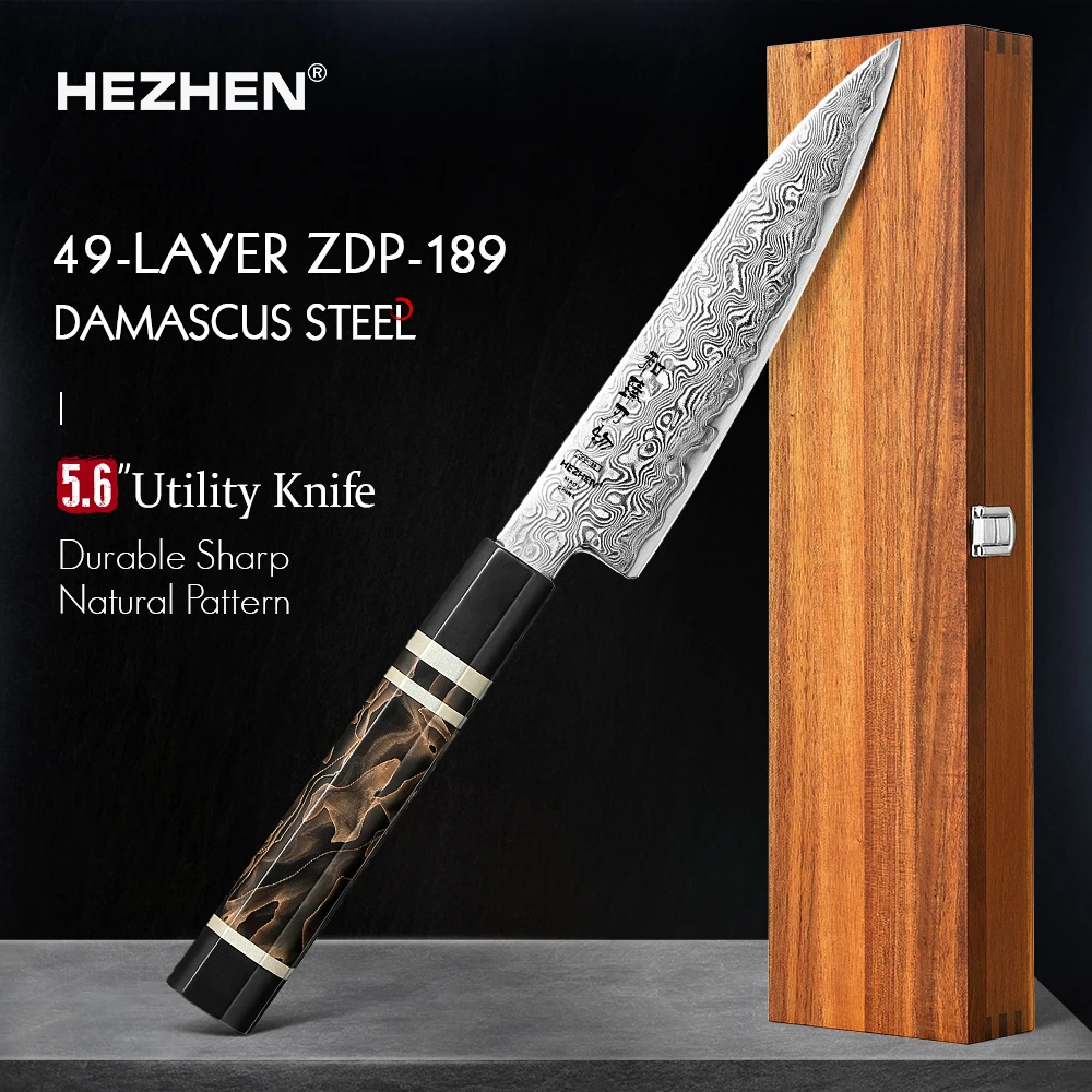 HEZHEN 5.6 Inch Utility Knife 49 Layers ZDP-189 Damascus steel Powder Core 65-67 HRC Steel Kitchen Cook Knife
HEZHEN 5.6 Inch Utility Knife 49 Layers ZDP-189 Damascus steel Powder Core 65-67 HRC Steel Kitchen Cook Knife