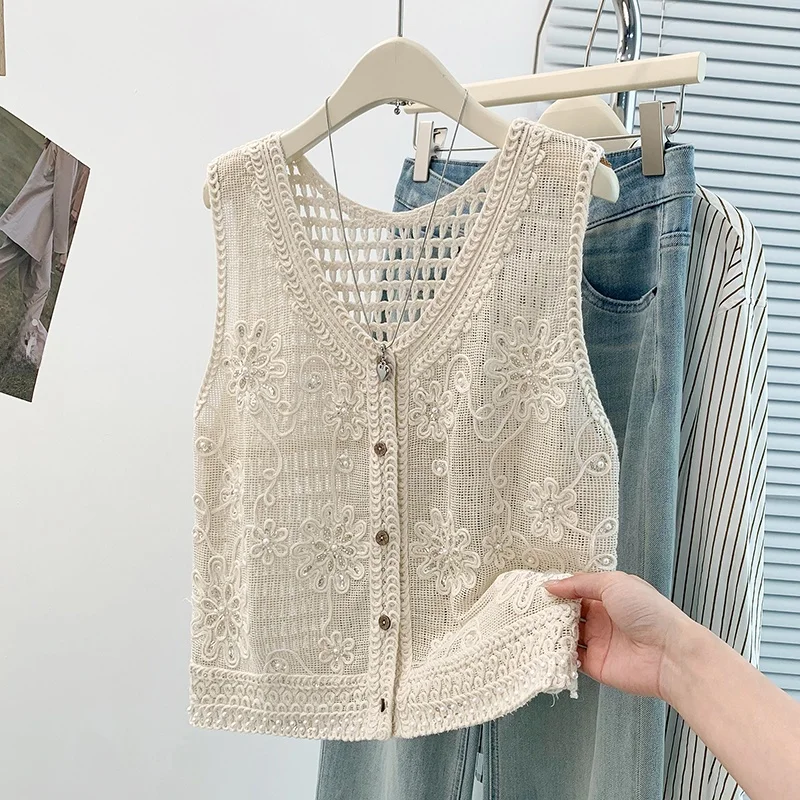 Bohemian Hollow out Knitted Vest Women's Holiday Style Heavy Embellished Single Button Short Length Cotton Polyester Blend
Bohemian Hollow out Knitted Vest Women's Holiday Style Heavy Embellished Single Button Short Length Cotton Polyester Blend
