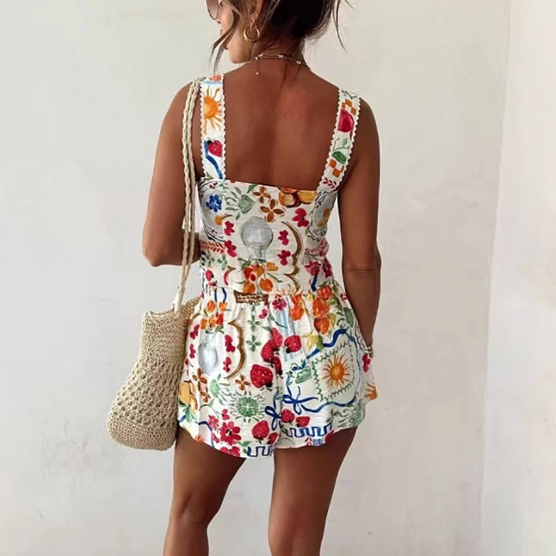 Colorful Printed Off Shoulder Beach Suit Ladies Sexy Camisole Top & Shorts Summer Set Hollow Out Sleeveless Button Casual Outfit
Colorful Printed Off Shoulder Beach Suit Ladies Sexy Camisole Top & Shorts Summer Set Hollow Out Sleeveless Button Casual Outfit