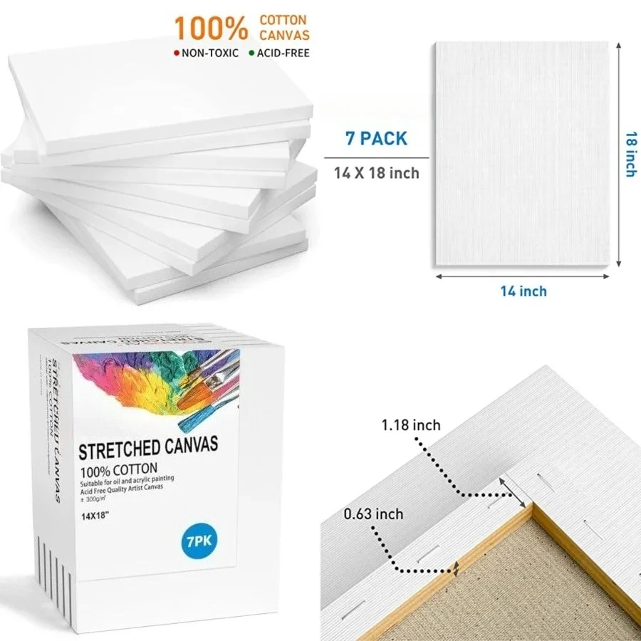 Stretched Canvases for Painting, 14x18 Inch Set of 7, Primed White - 100% Cotton Blank Art Canvas Boards for Painting for Acrylic Pouring, Oil Paint Dry & Wet Art Media
Stretched Canvases for Painting, 14x18 Inch Set of 7, Primed White - 100% Cotton Blank Art Canvas Boards for Painting for Acrylic Pouring, Oil Paint Dry & Wet Art Media