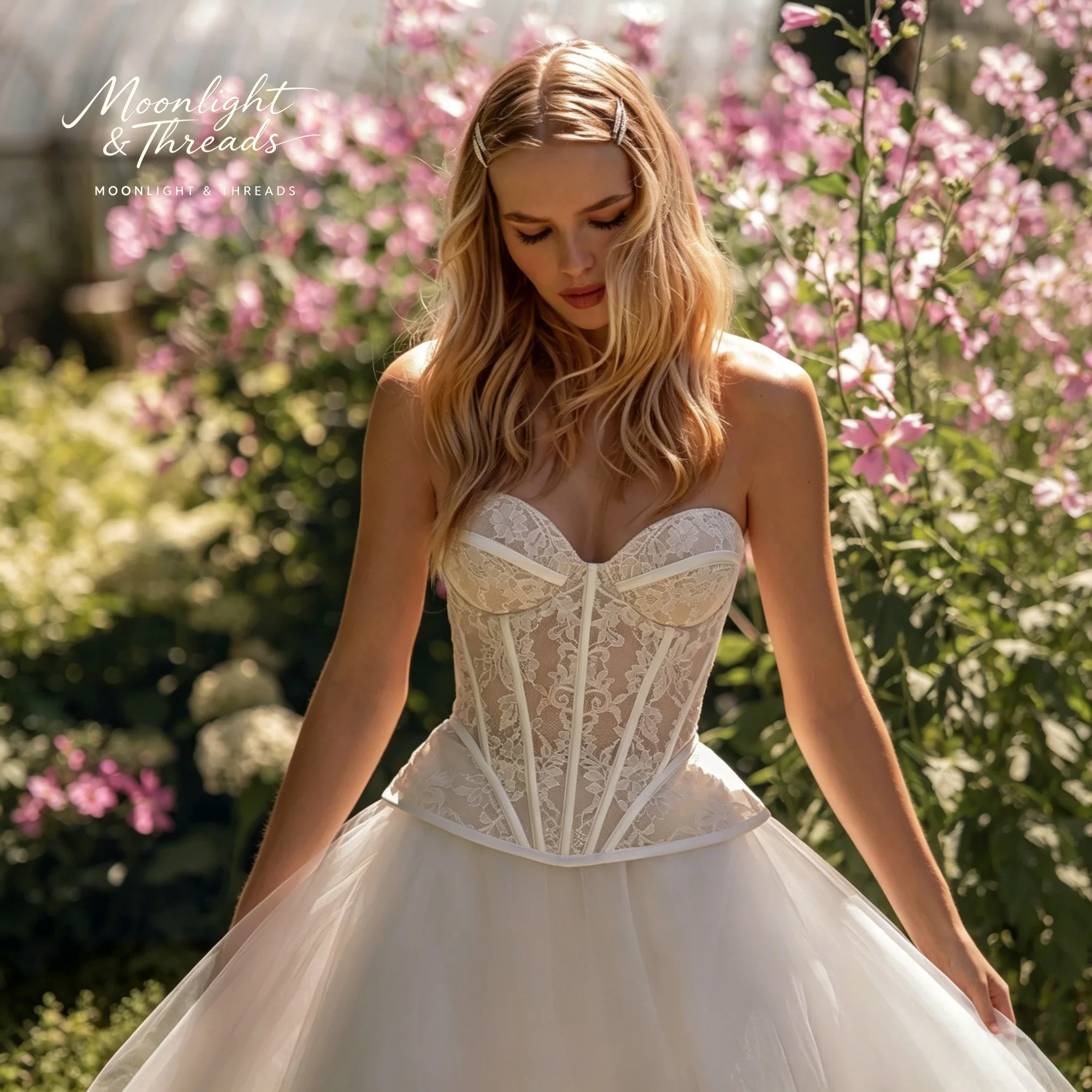 Ivory strapless sleeveless full-skirt gown with boned bodice and lace detailing suitable for formal occasions and weddings
Ivory strapless sleeveless full-skirt gown with boned bodice and lace detailing suitable for formal occasions and weddings