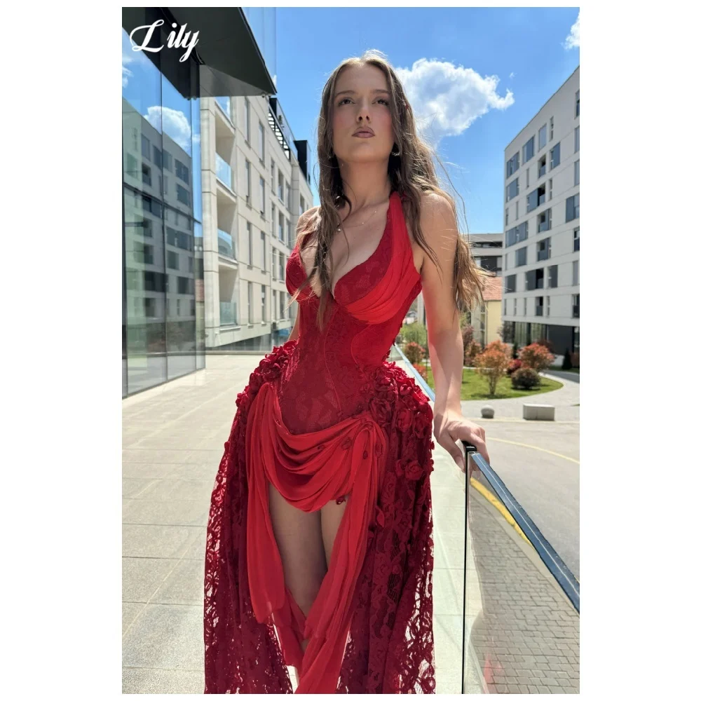 Lily Red Halter Prom Dress Lace Corset Evening Dress with 3D Rose Applique Mini Party Gown Romantic Cocktail Dress Customized
Lily Red Halter Prom Dress Lace Corset Evening Dress with 3D Rose Applique Mini Party Gown Romantic Cocktail Dress Customized