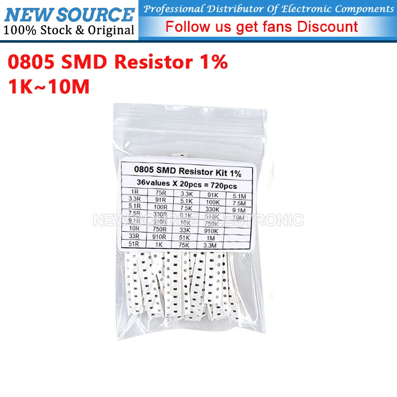 (720pcs) 0805 SMD Resistor 1% 1R 10R 100R 1K 10K 100K 33R 3.3K 4.7R 470K 5.1K Ohm Assorted Kit 36ValuesX 20PCS Resistor
(720pcs) 0805 SMD Resistor 1% 1R 10R 100R 1K 10K 100K 33R 3.3K 4.7R 470K 5.1K Ohm Assorted Kit 36ValuesX 20PCS Resistor