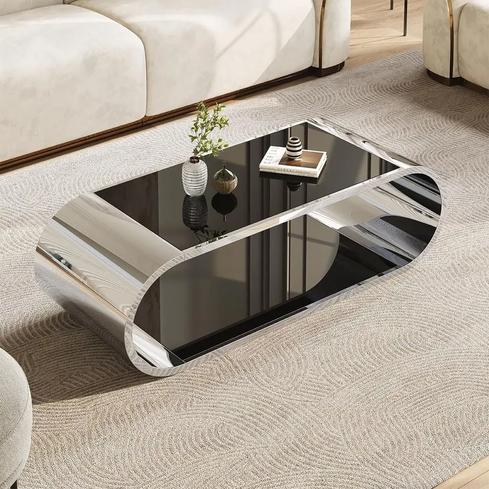 57 Silver Coffee Table with Black Glass Top and Stainless Steel Base
57 Silver Coffee Table with Black Glass Top and Stainless Steel Base