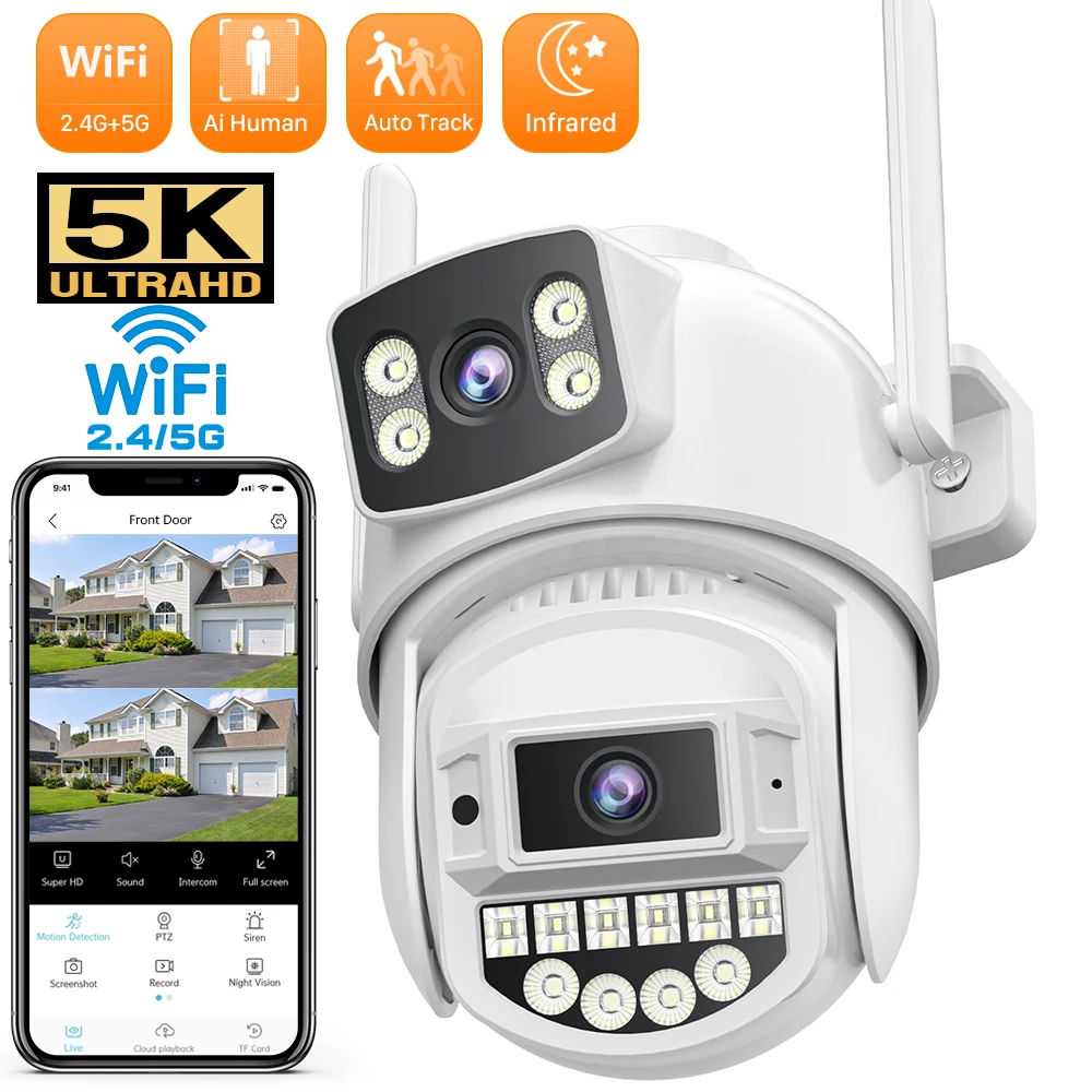 8MP 2.4G+5G Wifi камера наблюдения 5X Zoom Автоматическое отслеживание беспроводной Двойной объектив двойной экран Цвет ИК ночного видения 10MP камера наблюдения
8MP 2.4G+5G Wifi камера наблюдения 5X Zoom Автоматическое отслеживание беспроводной Двойной объектив двойной экран Цвет ИК ночного видения 10MP камера наблюдения