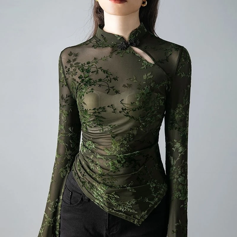 New Chinese Style High Collar Lace Base T-shirt For Women Autumn Spring New Irregular Hem Unique Printed Long Sleeve T-shirt
New Chinese Style High Collar Lace Base T-shirt For Women Autumn Spring New Irregular Hem Unique Printed Long Sleeve T-shirt
