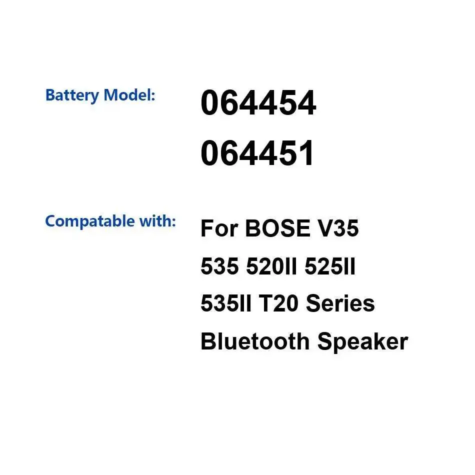 Аккумулятор для Bluetooth-колонок 064454 064451 2500 мАч для Bose V35 535 520II 525II 535II T20 Series
Аккумулятор для Bluetooth-колонок 064454 064451 2500 мАч для Bose V35 535 520II 525II 535II T20 Series