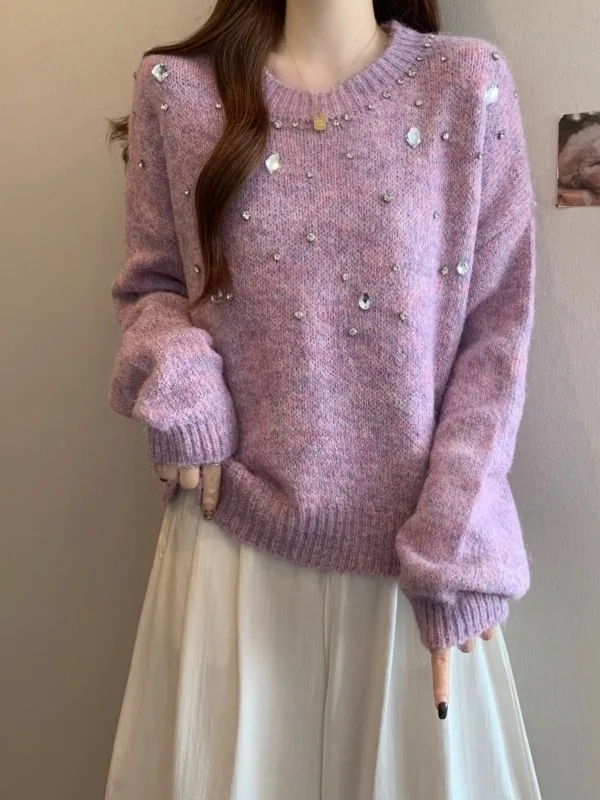 Heavy Embellied Purple Sweater Women's Loose Fit Boting Knitted irt Autumn Winter plus Size Faionable Anti-Aging
Heavy Embellied Purple Sweater Women's Loose Fit Boting Knitted irt Autumn Winter plus Size Faionable Anti-Aging